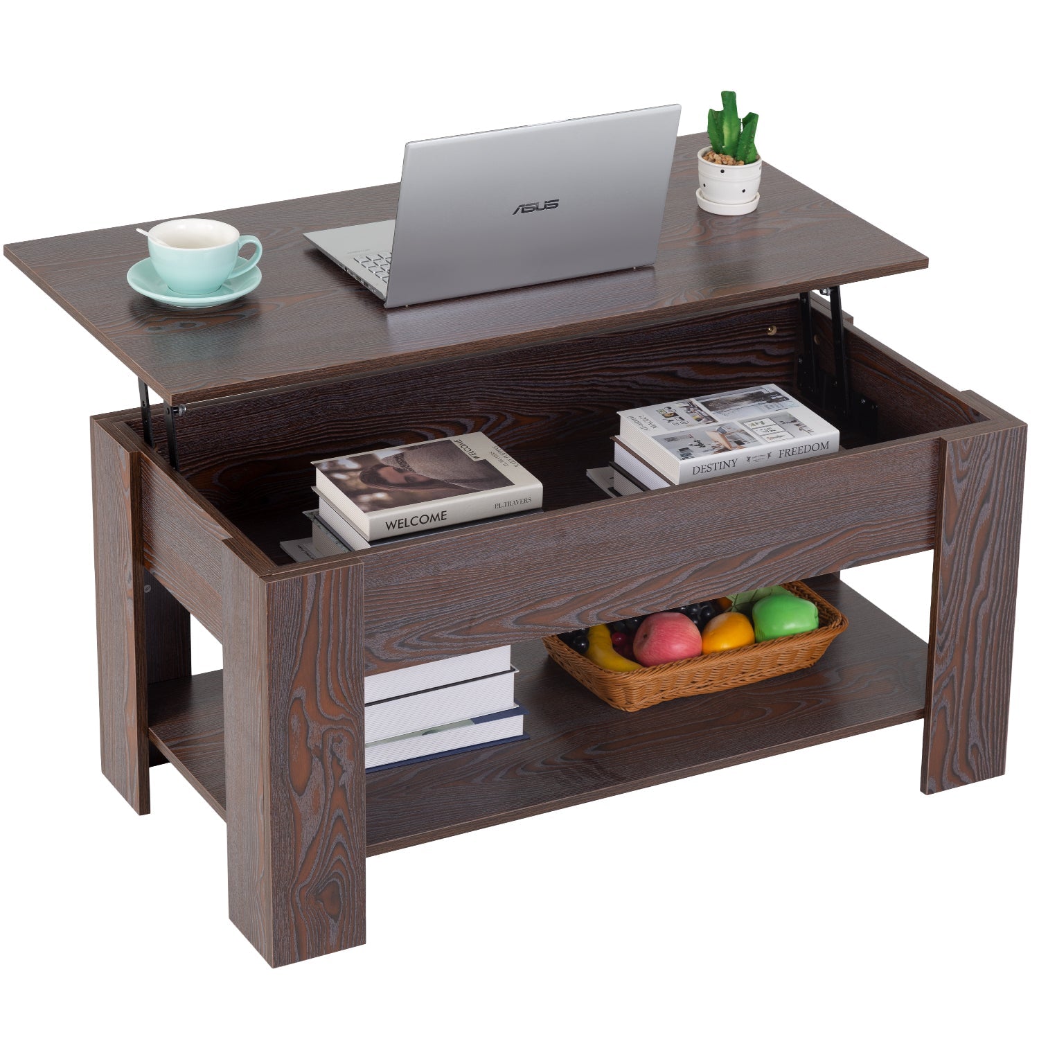 Lift Top Couchtisch mit verstecktem Kompartiment und Lagerregal