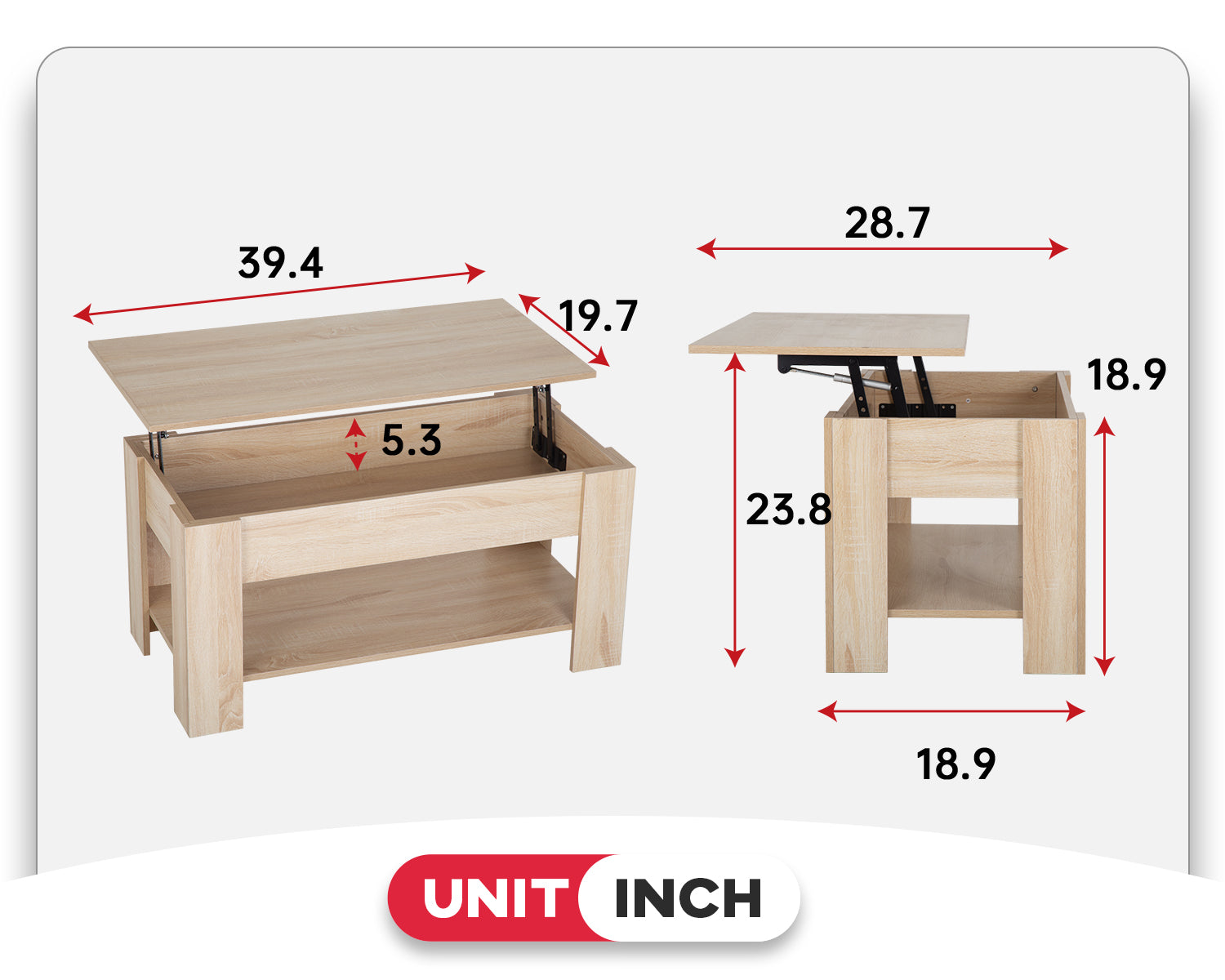 Lift Top Couchtisch mit verstecktem Kompartiment und Lagerregal