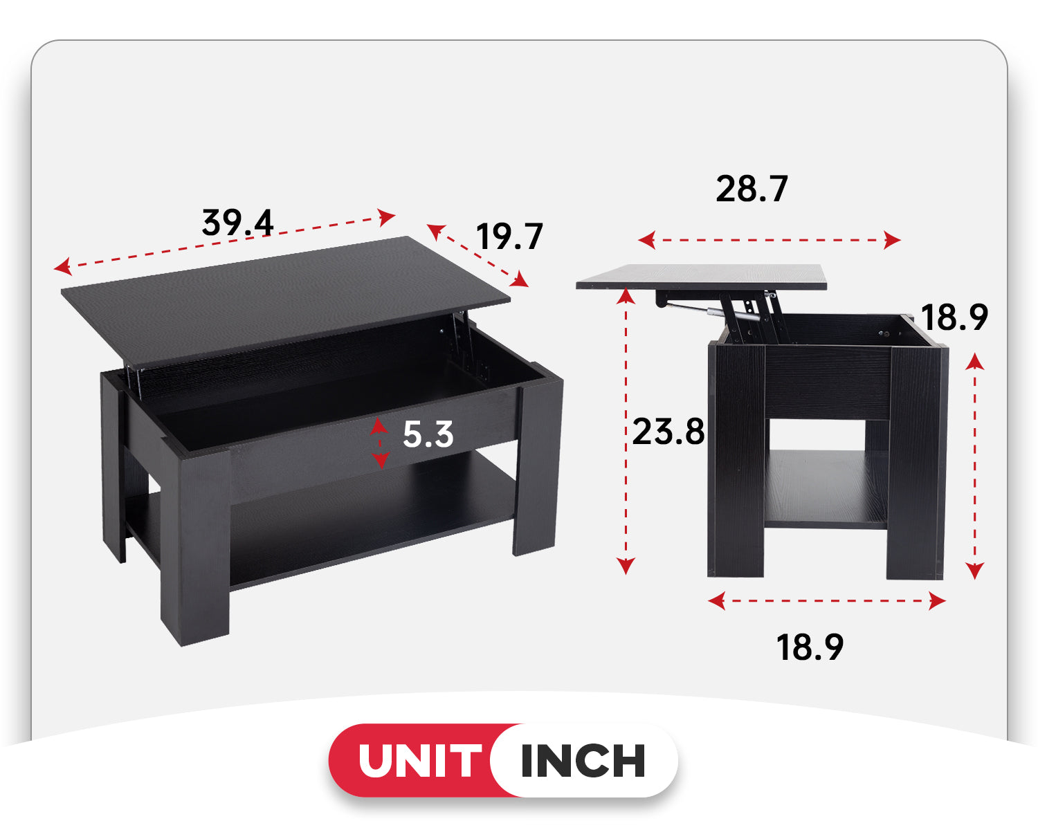 Lift Top Couchtisch mit verstecktem Kompartiment und Lagerregal