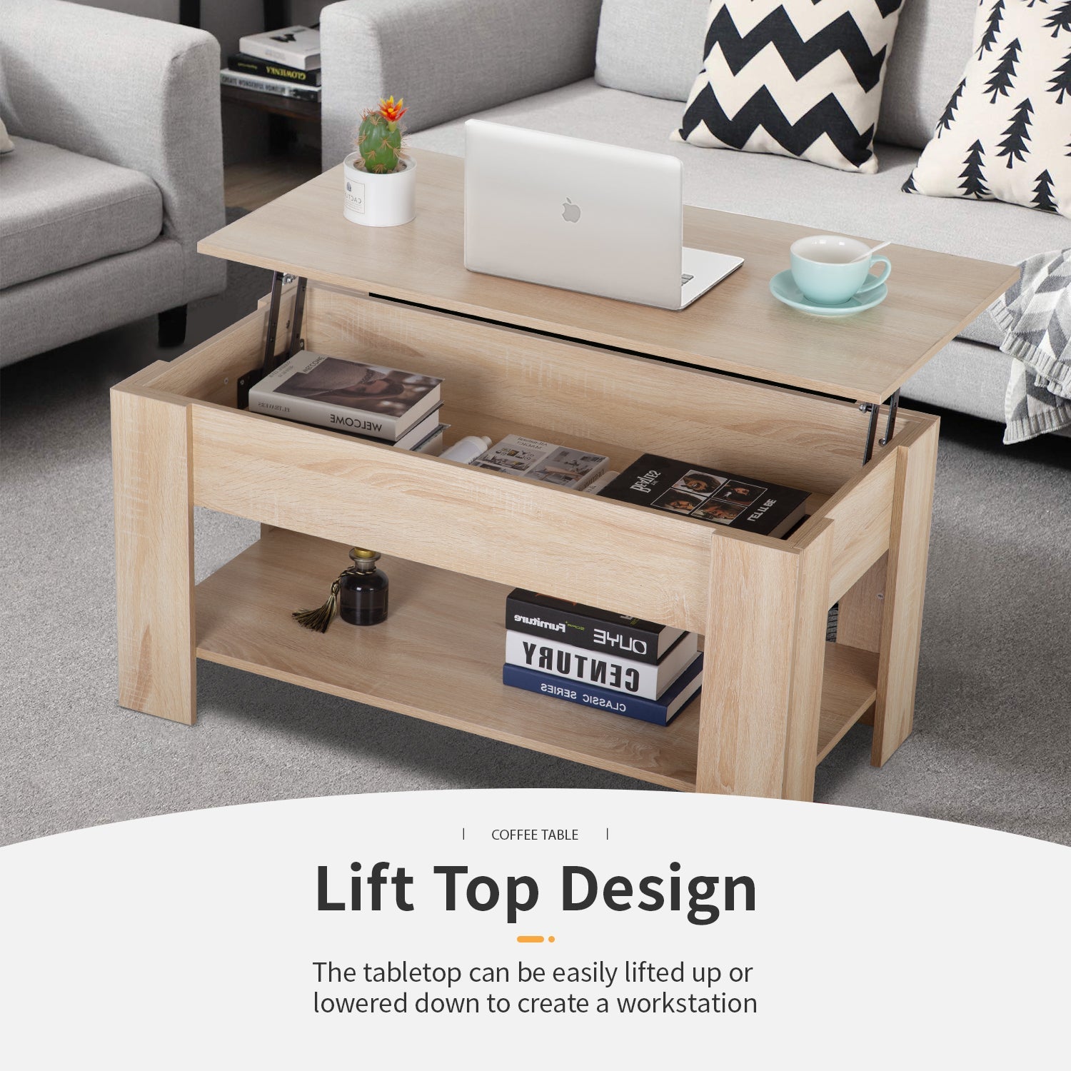 Lift Top Couchtisch mit verstecktem Kompartiment und Lagerregal