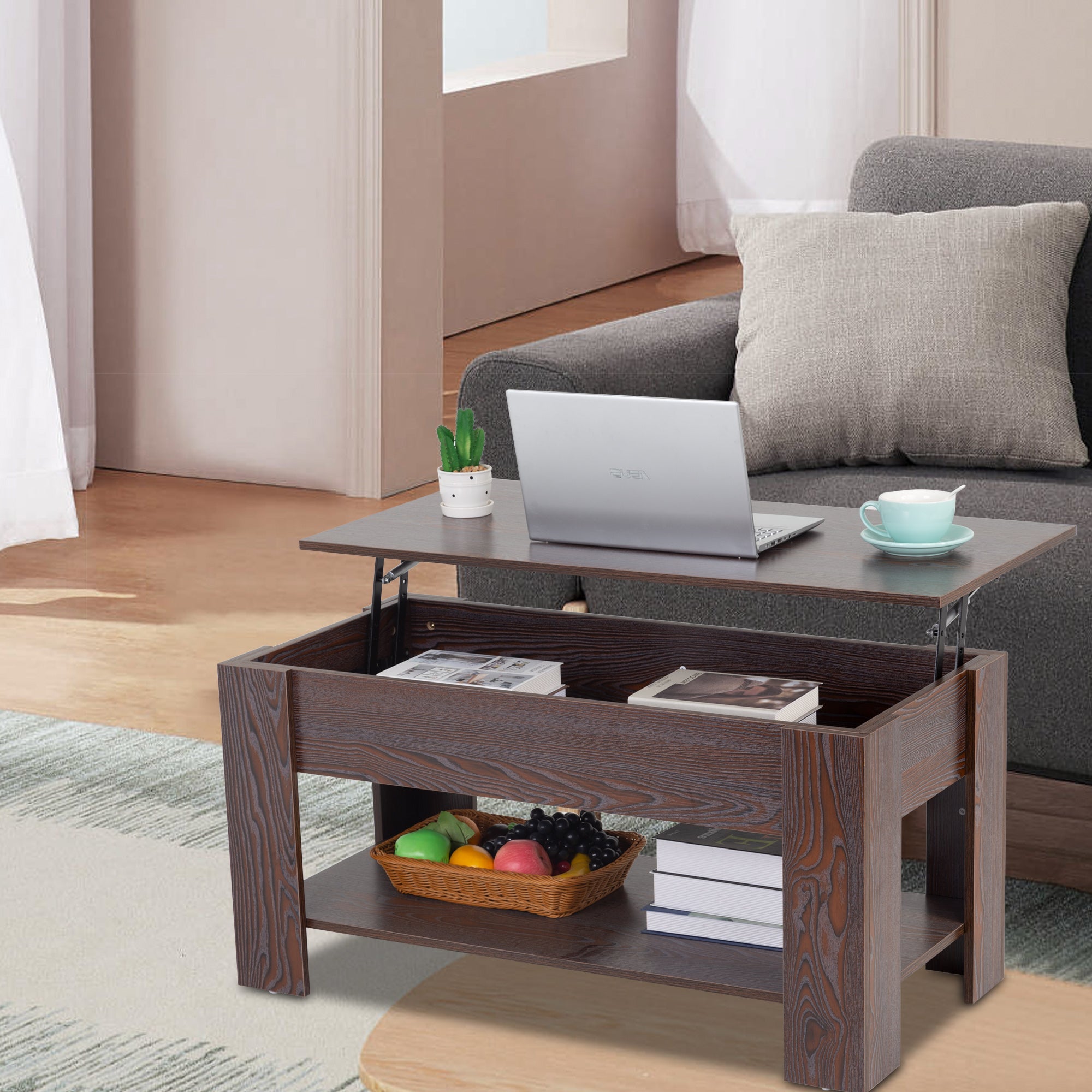 Lift Top Couchtisch mit verstecktem Kompartiment und Lagerregal