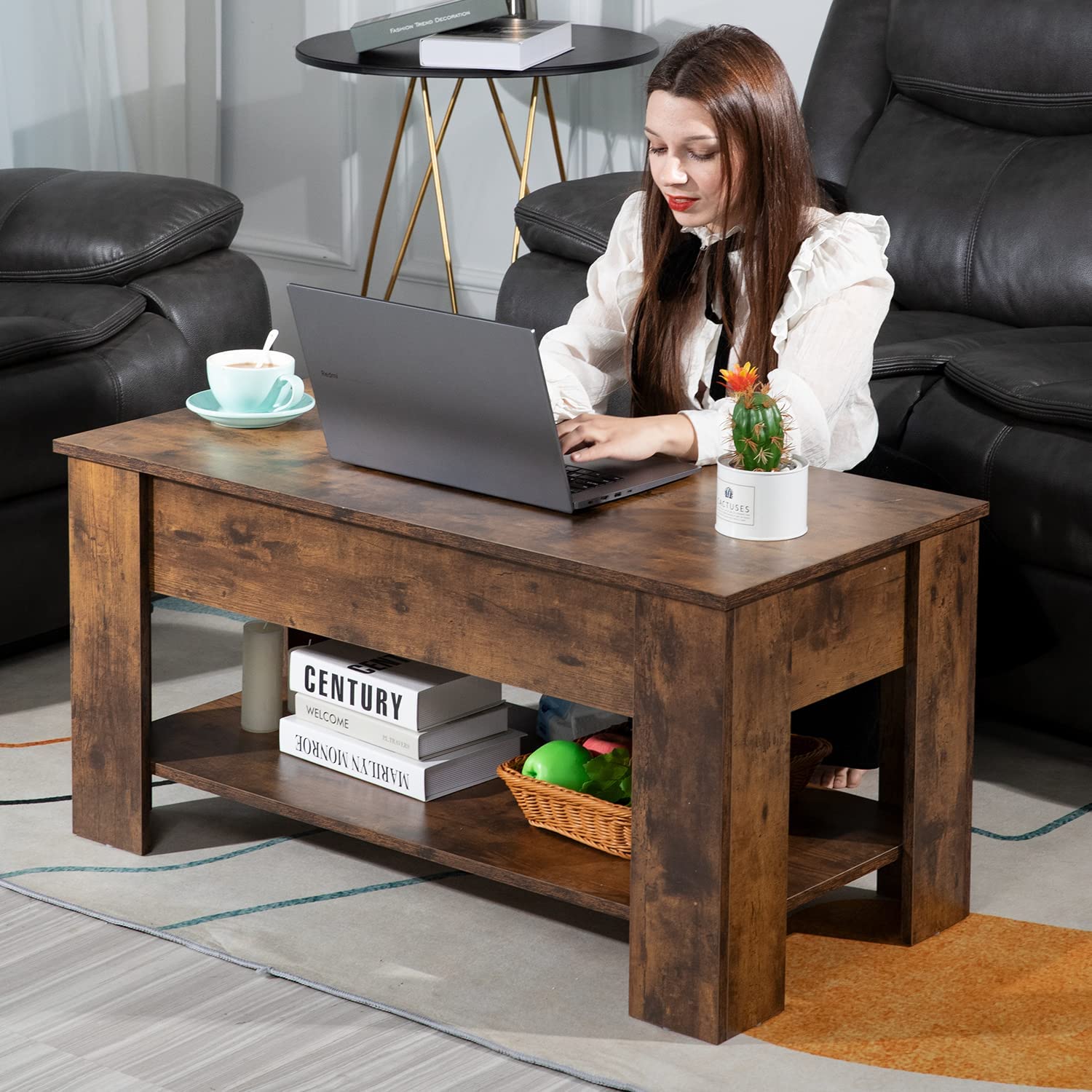 Lift Top Couchtisch mit verstecktem Kompartiment und Lagerregal