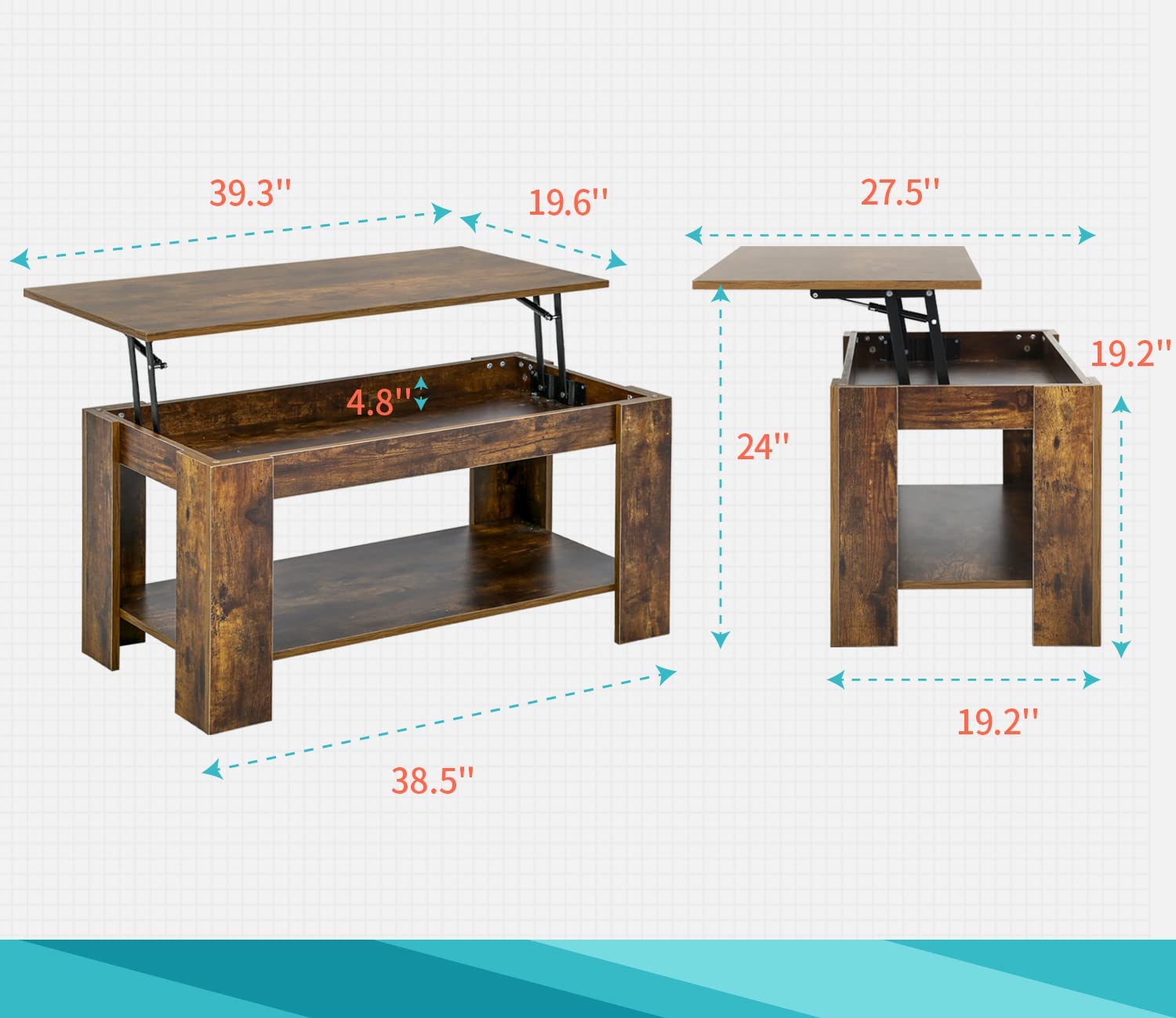 Lift Top Couchtisch mit verstecktem Kompartiment und Lagerregal