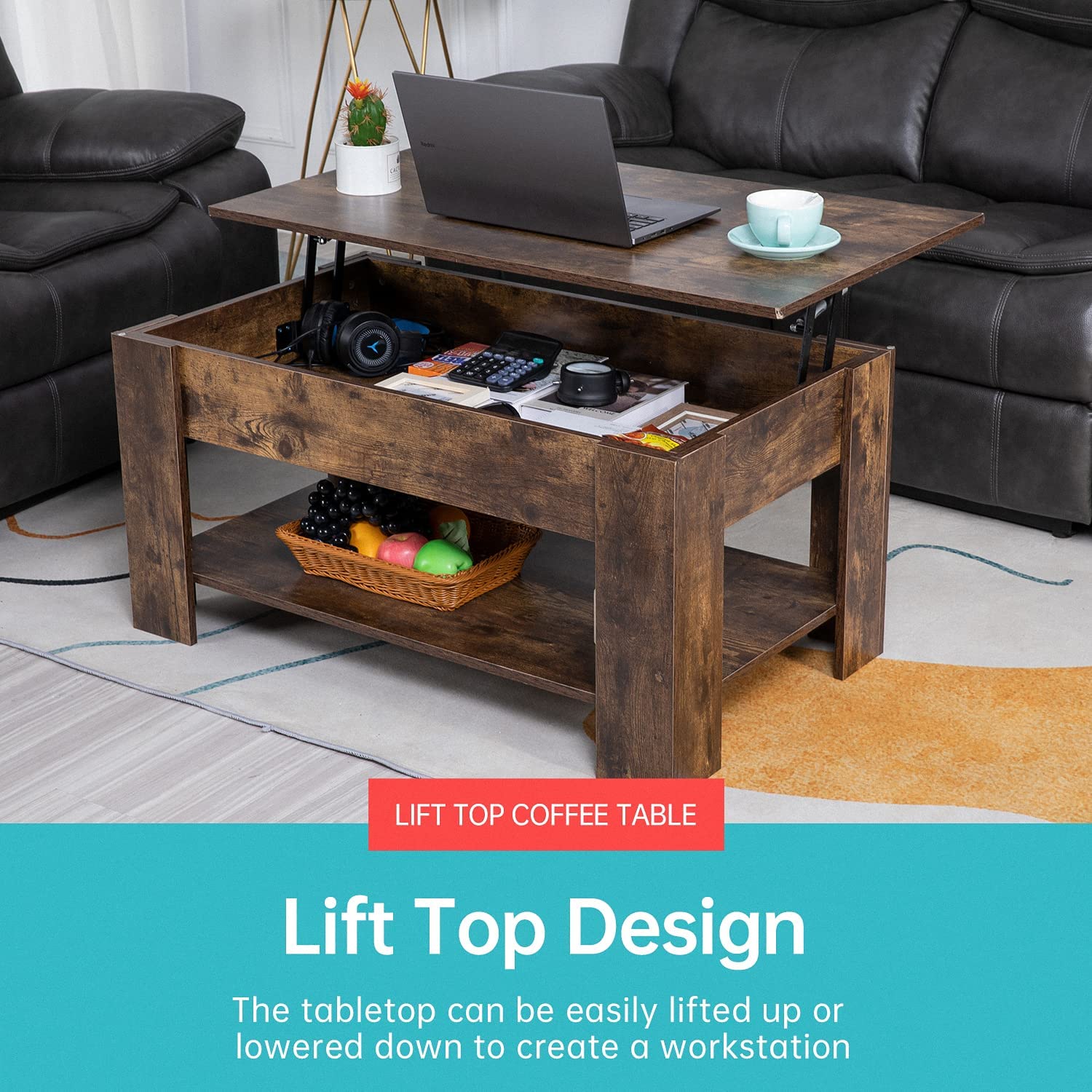 Lift Top Couchtisch mit verstecktem Kompartiment und Lagerregal
